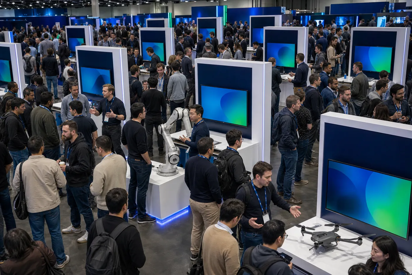 Zona de startups de una feria tecnológica llena de visitantes, con demos de un brazo robótico y un dron