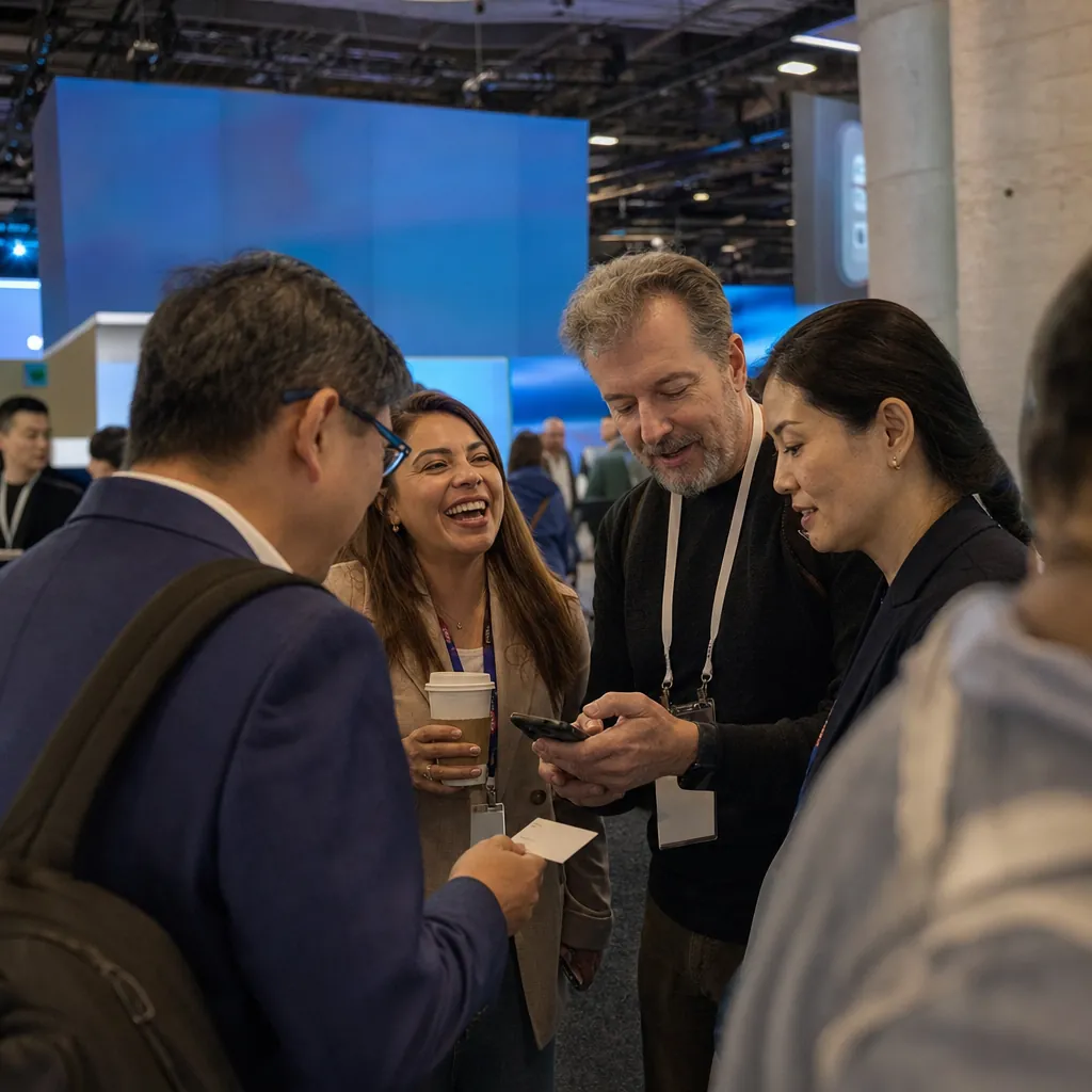 Dos profesionales conversando en una feria tecnológica