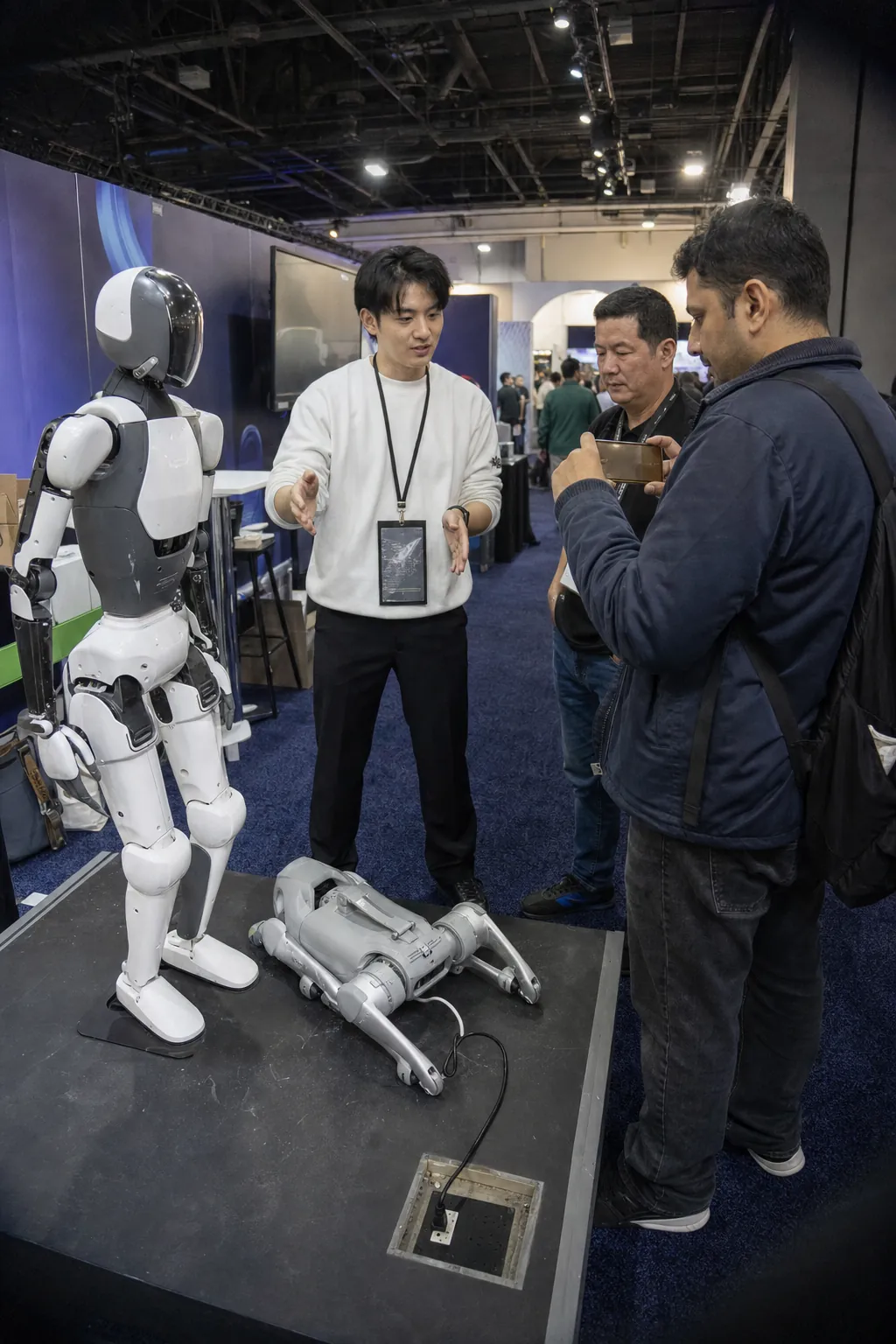 Fundador de una startup mostrando un prototipo en su stand